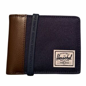 Herschel Supply Co Hank II RFID Bifold Wallet Navy Brown Leather Canvas
